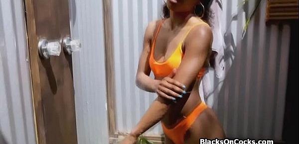  Ebony babe pounded in neon orange bikini